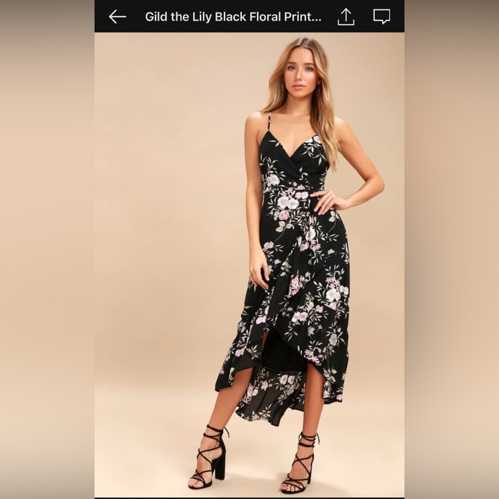 Lulu’s “Gild the Lily” Black Floral Print High Low Maxi Dress, Size XS